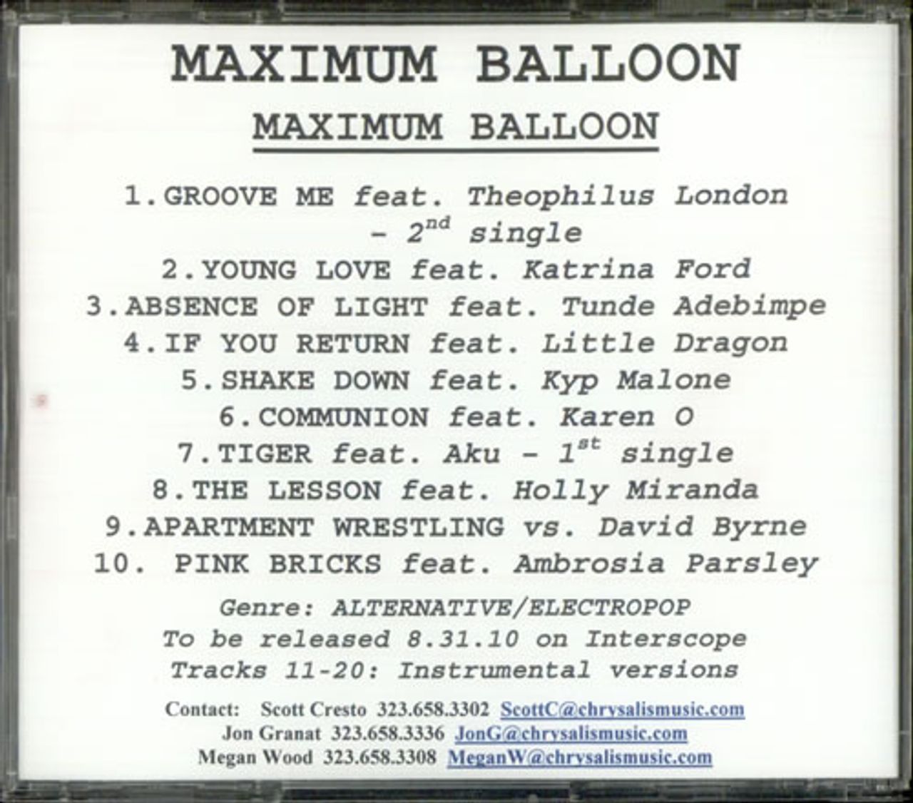 Maximum Balloon Maximum Balloon + Instrumentals US Promo CD-R