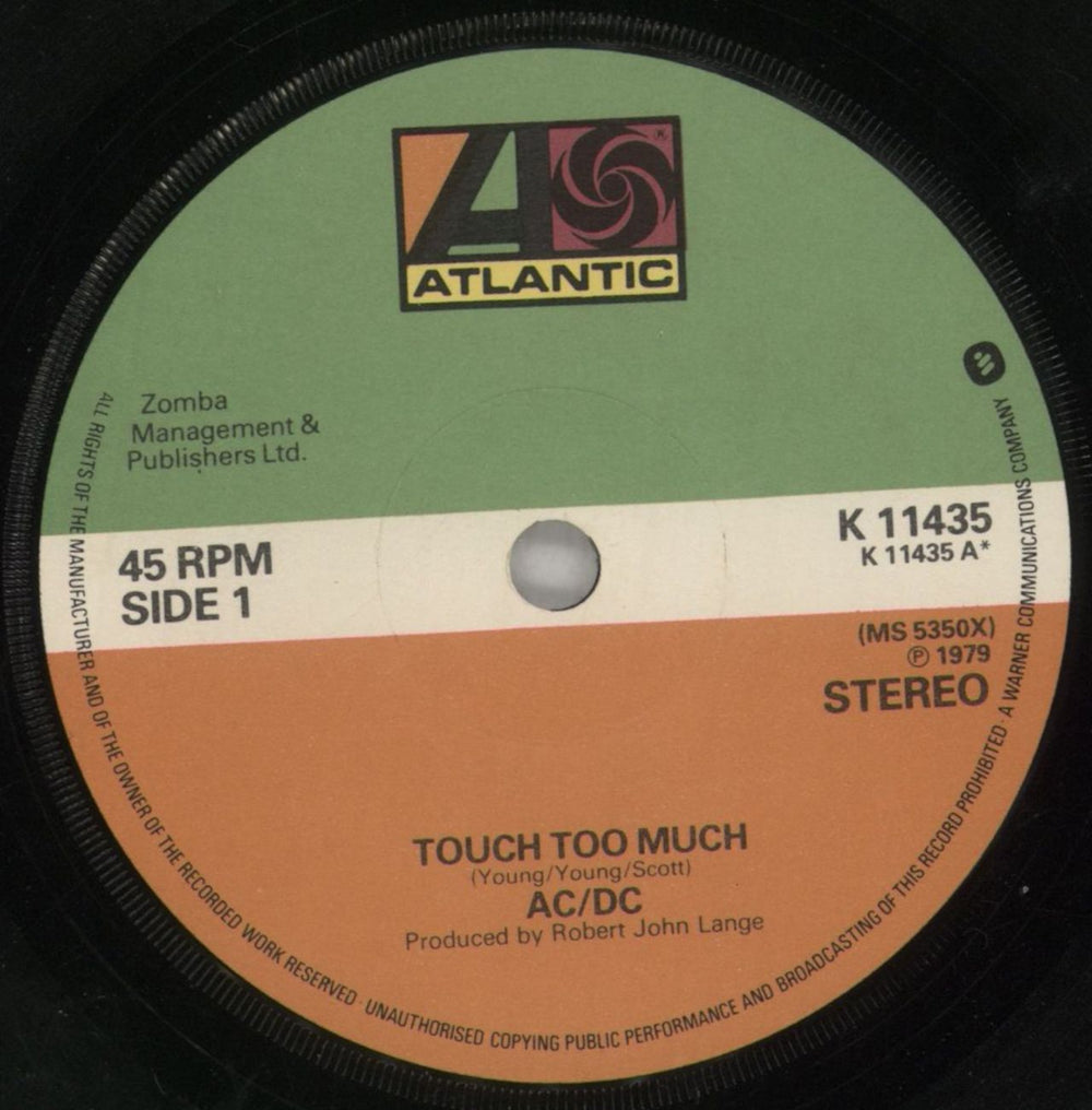 AC/DC Touch Too Much UK 7" vinyl single (7 inch record / 45) ACD07TO50290