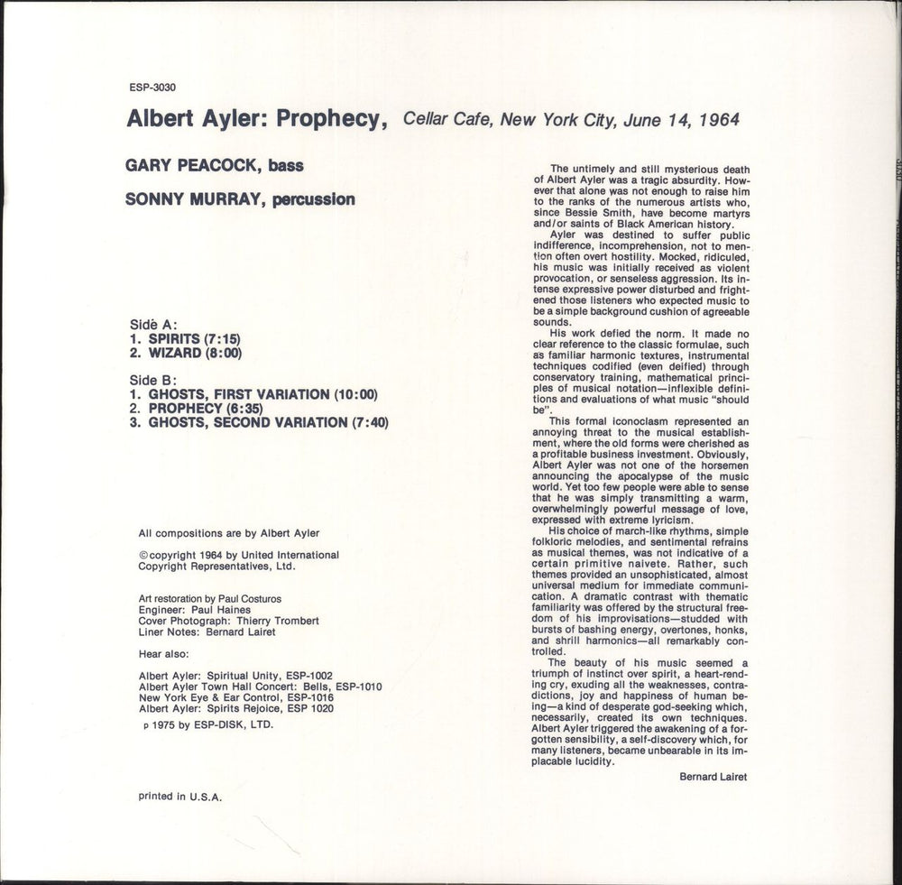 Albert Ayler Prophecy - 180gm US vinyl LP album (LP record)