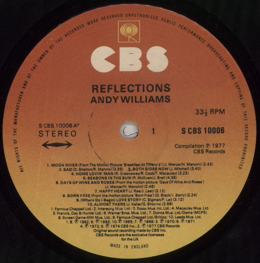Andy Williams Reflections UK vinyl LP album (LP record) AWILPRE295936
