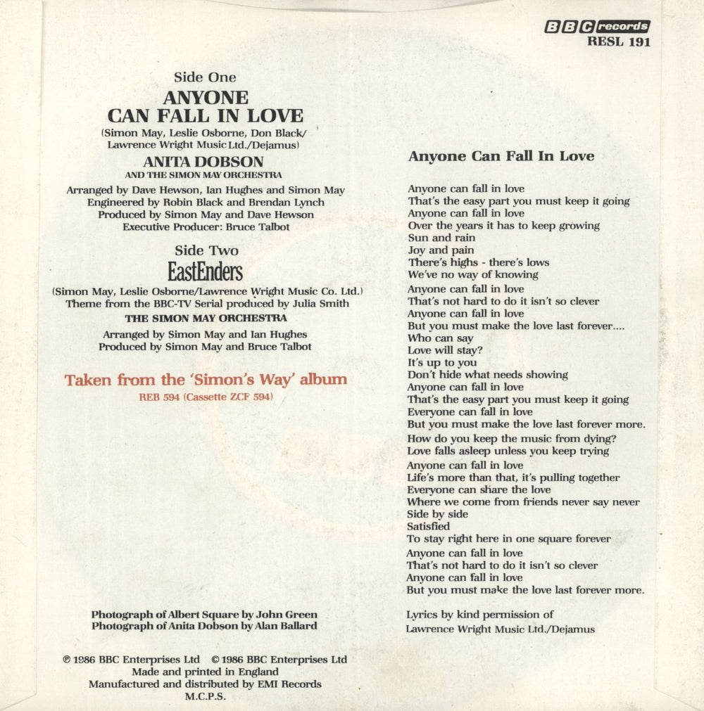 Anita Dobson Anyone Can Fall In Love UK 7" vinyl single (7 inch record / 45)