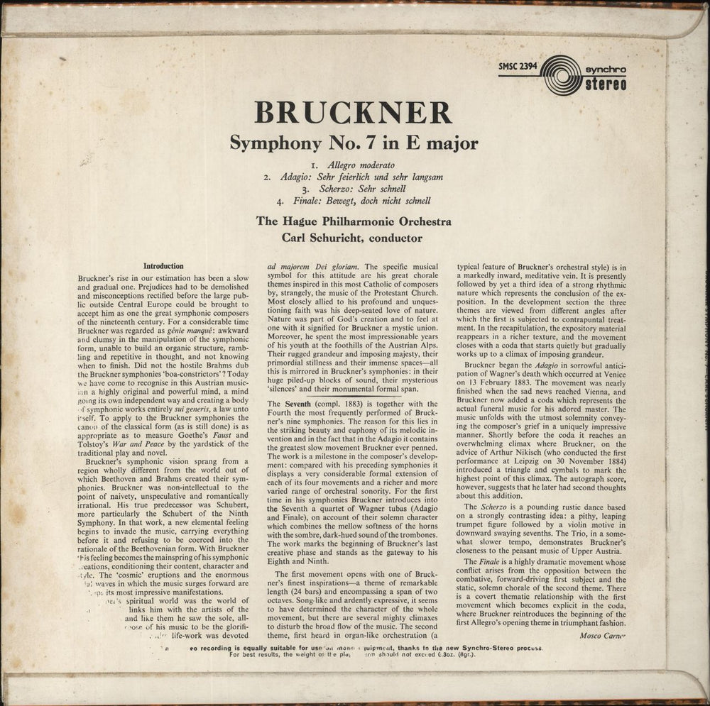 Anton Bruckner Symphony No. 7 in E Major UK vinyl LP album (LP record)