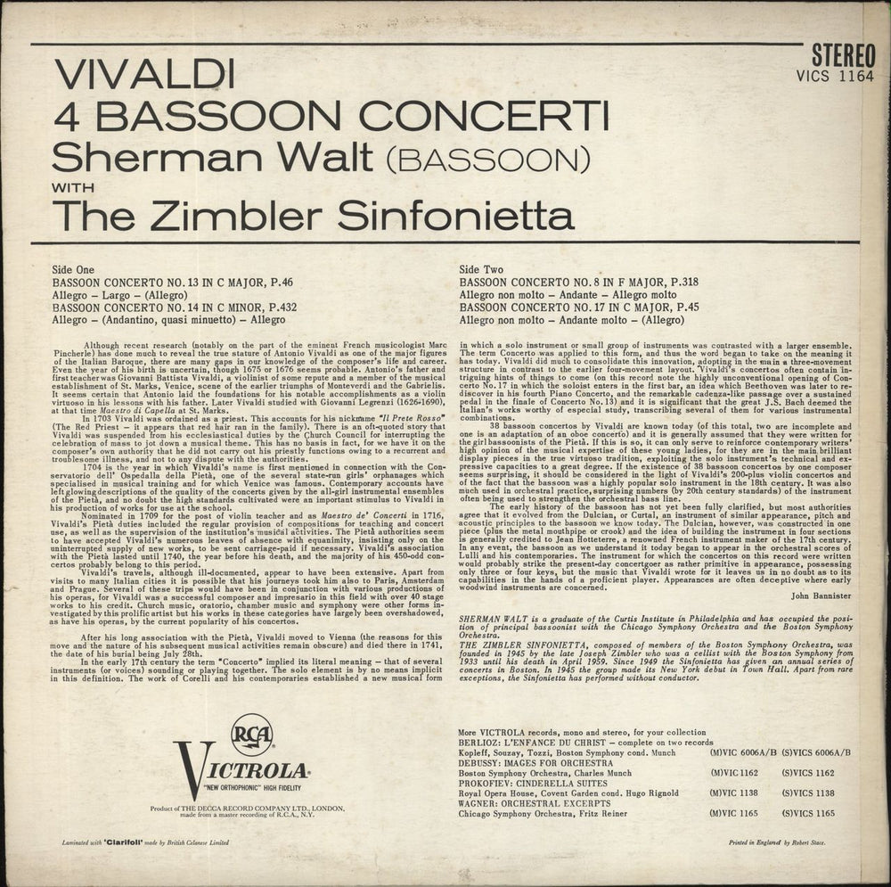 Antonio Vivaldi Vivaldi: 4 Bassoon Concertos UK vinyl LP album (LP record)