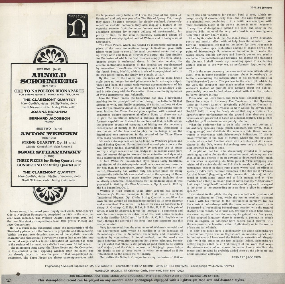 Arnold Schoenberg Ode To Napoleon Buonaparte For String Quartet, Piano, & Reciter, Op. 41 / String Quartet, Op. 28 / T US vinyl LP album (LP record)