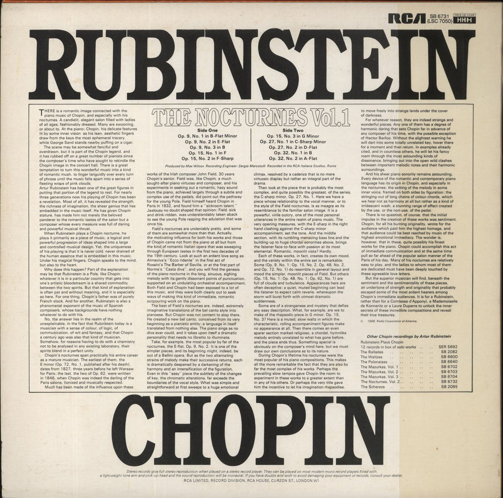 Artur Rubinstein Chopin: Nocturnes Vol. 1 - 2nd UK vinyl LP album (LP record)