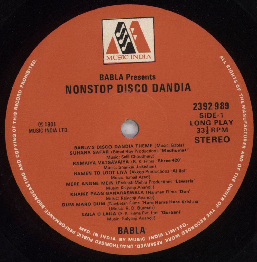 Babla Non-Stop Disco Dandia Indian vinyl LP album (LP record) 4CCLPNO847322