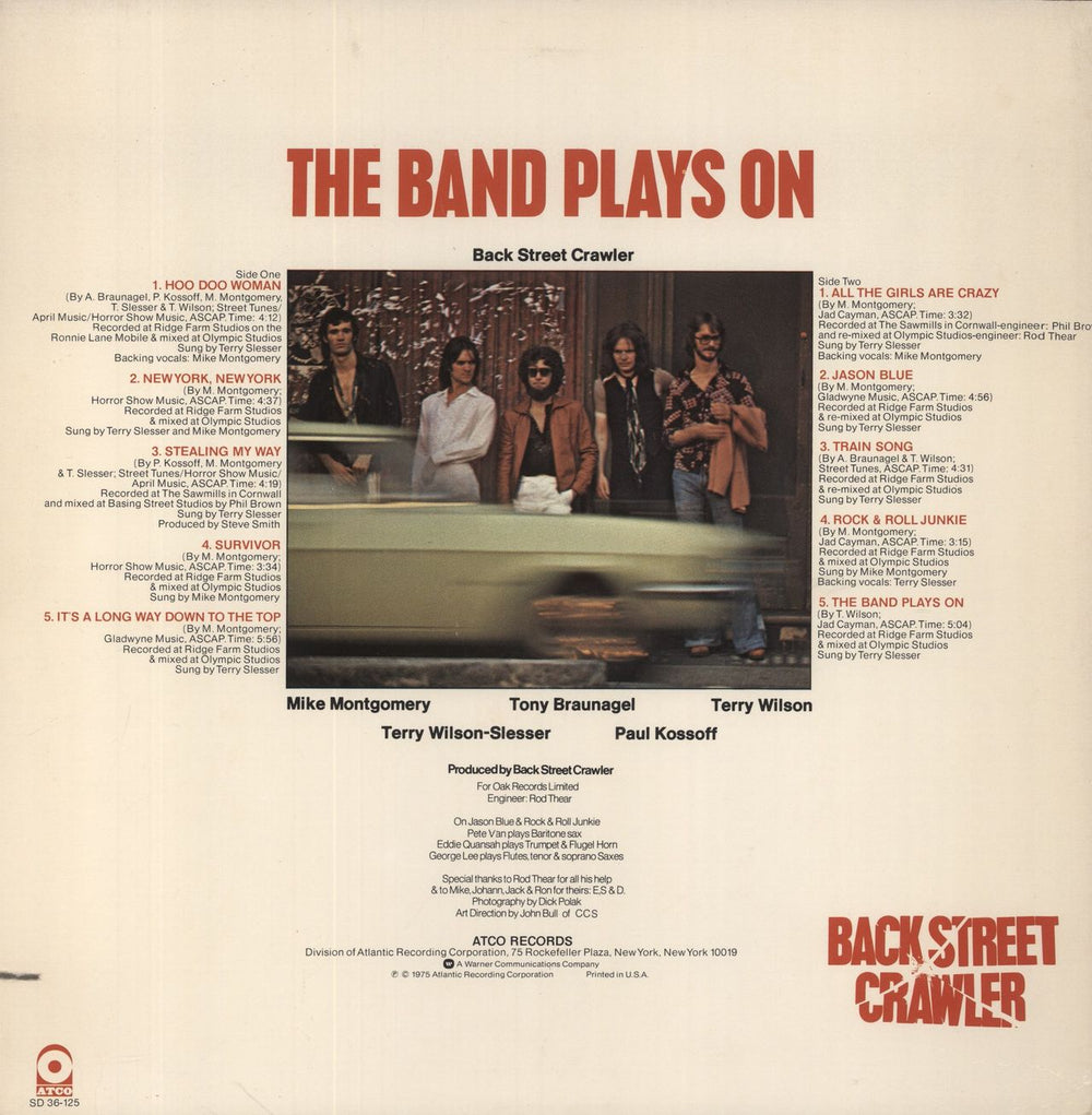 Back Street Crawler The Band Plays On US vinyl LP album (LP record)