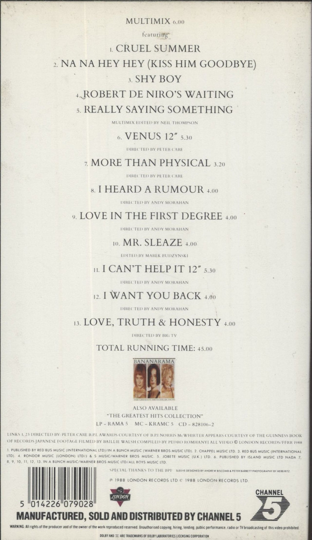 Bananarama The Greatest Hits Collection UK video (VHS or PAL or NTSC) 5014226079028