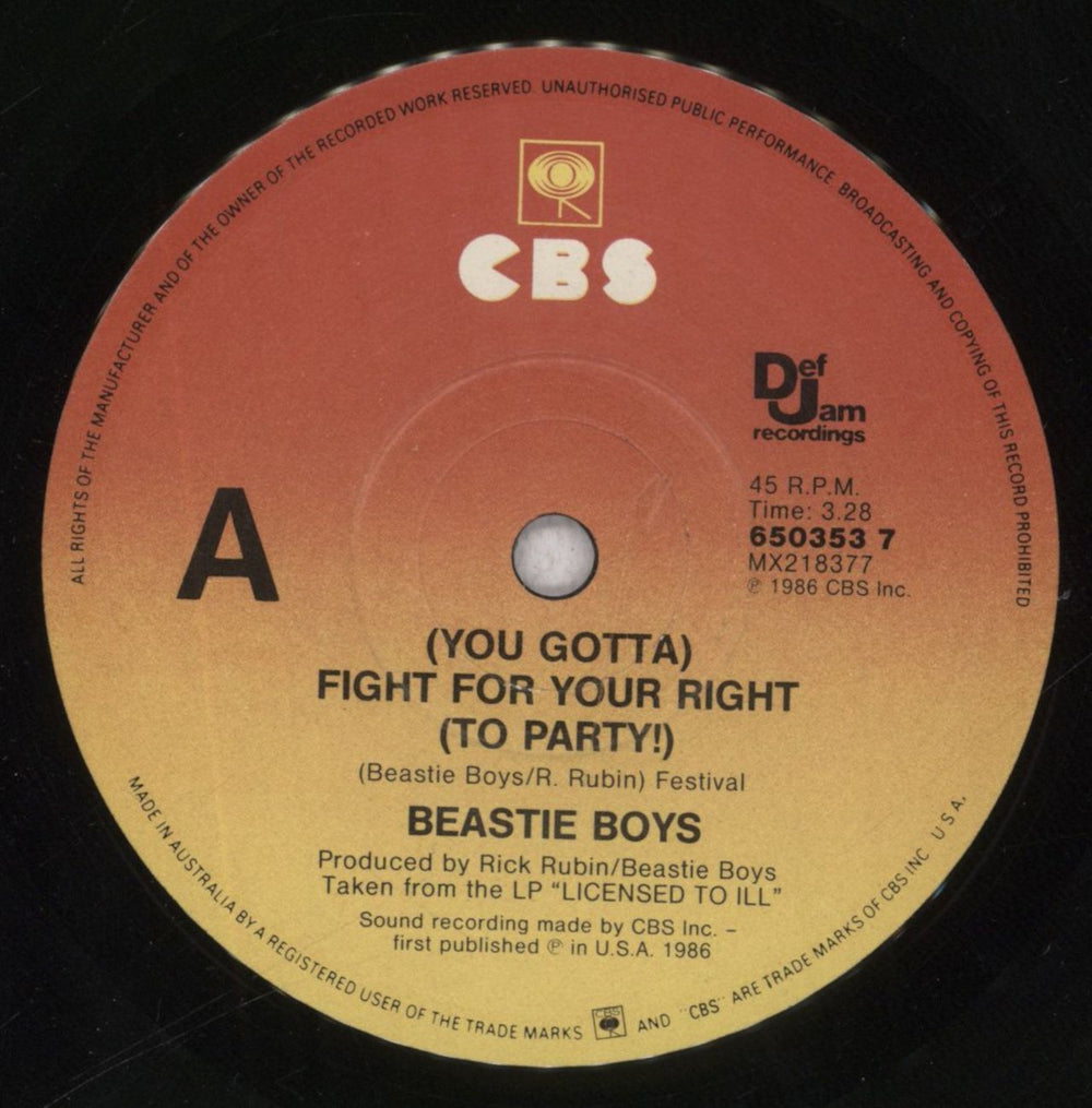 Beastie Boys [You Gotta] Fight For You Right [To Party!] Australian Promo 7" vinyl single (7 inch record / 45) BEA07YO842227