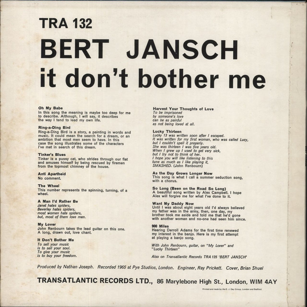 Bert Jansch It Don't Bother Me UK vinyl LP album (LP record)