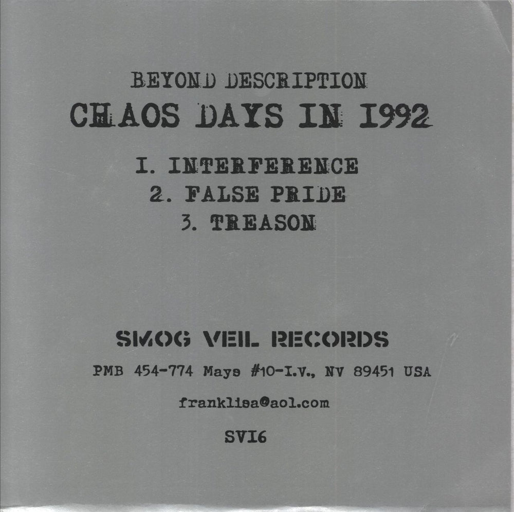 Beyond Description Chaos Days In 1992 - Clear Vinyl US 7" vinyl single (7 inch record / 45)