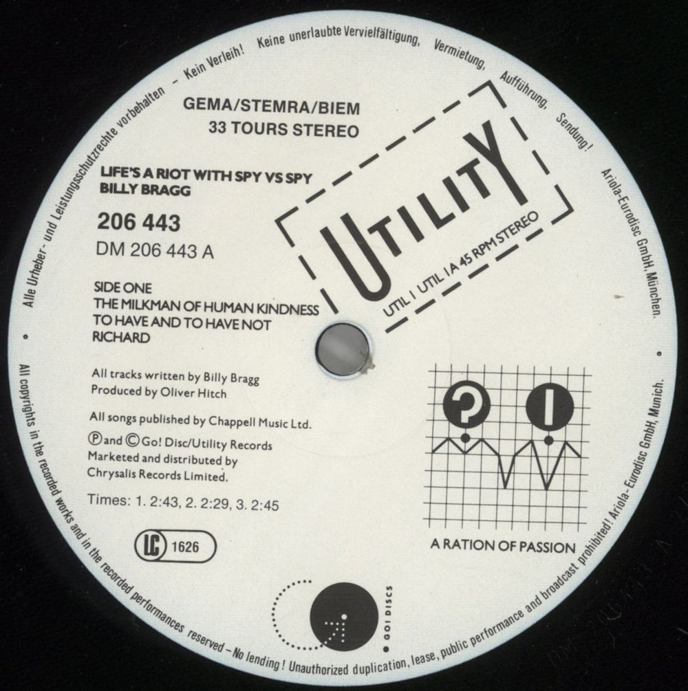 Billy Bragg Life's A Riot With Spy Vs Spy German vinyl LP album (LP record) BBRLPLI857231