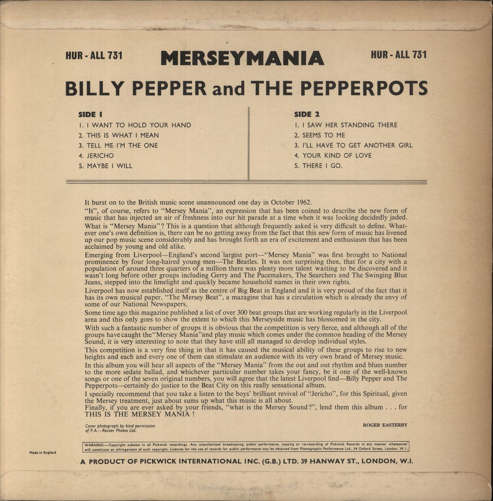 Billy Pepper & The Pepperpots Merseymania UK vinyl LP album (LP record)