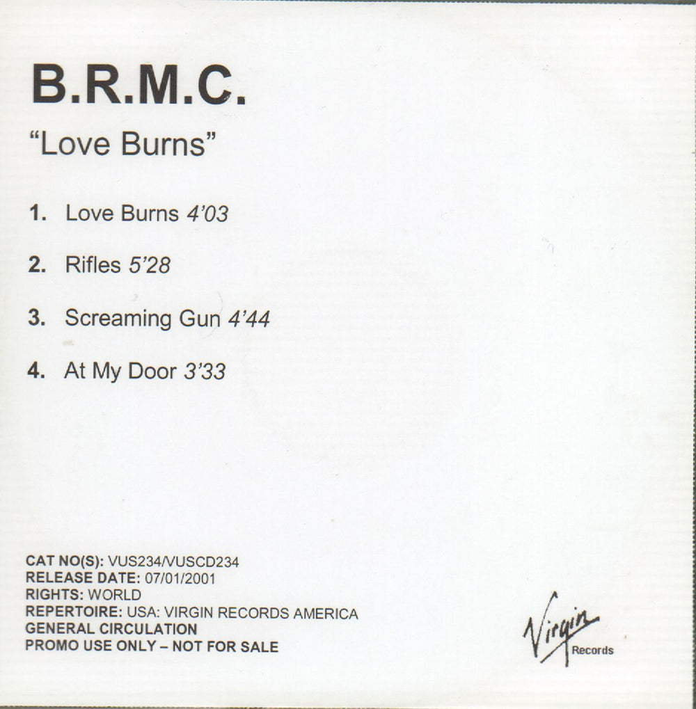 Black Rebel Motorcycle Club Love Burns UK Promo CD-R acetate VUS234