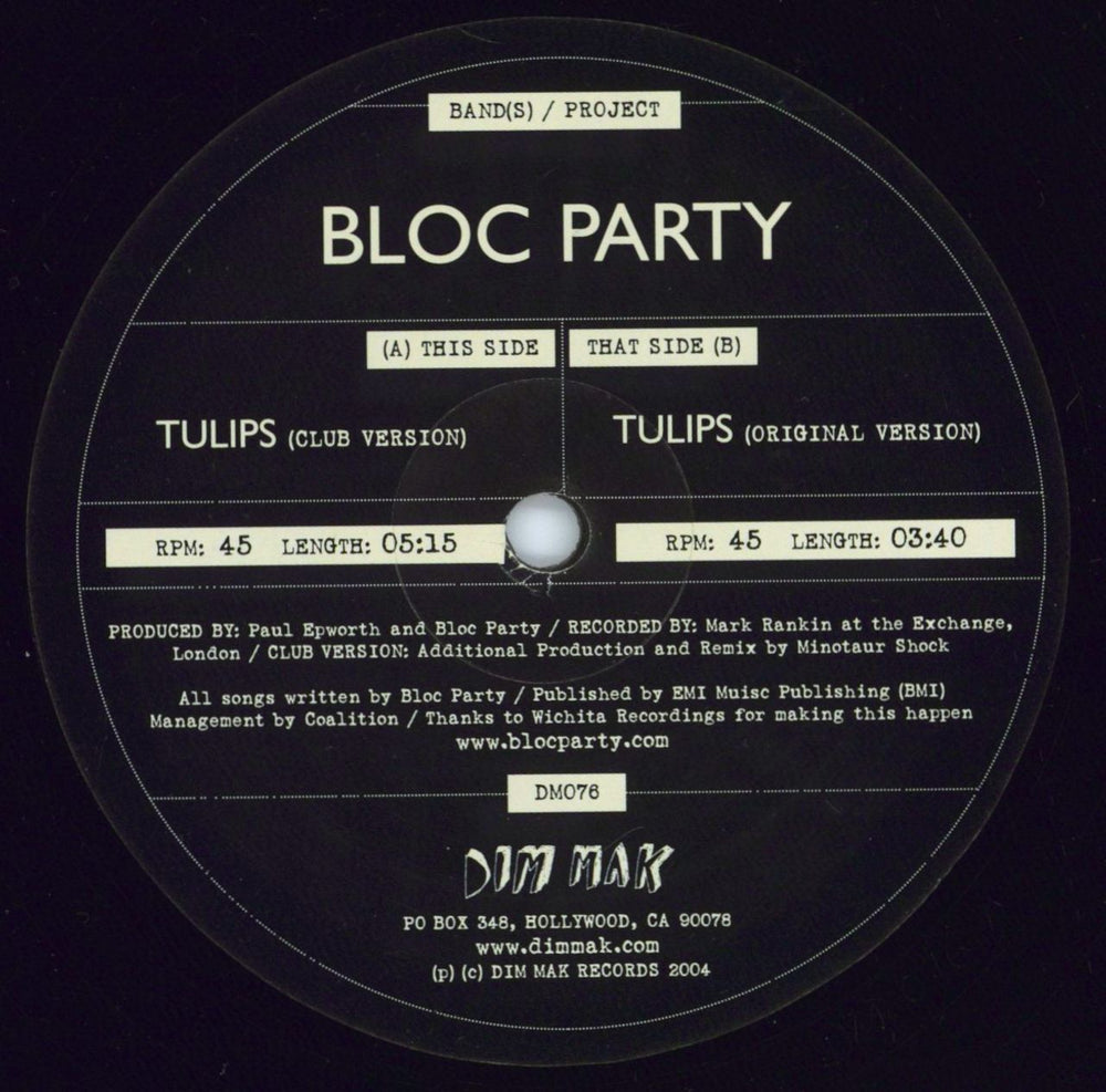 Bloc Party Tulips US 12" vinyl single (12 inch record / Maxi-single) BB512TU478237