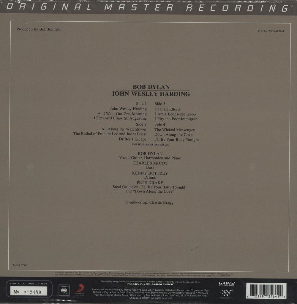 Bob Dylan John Wesley Harding - 180gm - Sealed US 2-LP vinyl record set (Double LP Album) 821797246415