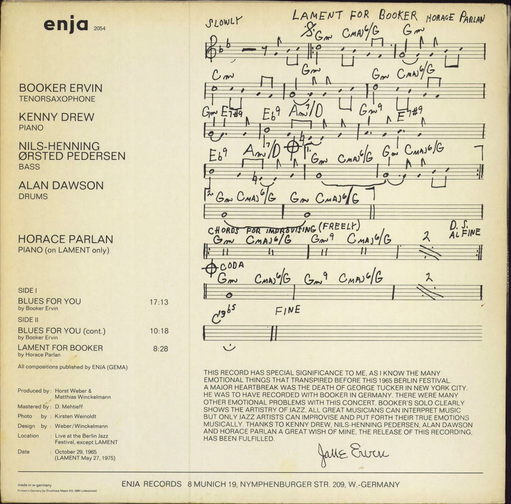 Booker Ervin Lament For Booker Ervin German vinyl LP album (LP record)