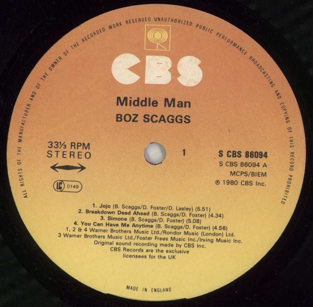 Boz Scaggs Middle Man UK vinyl LP album (LP record) 86094
