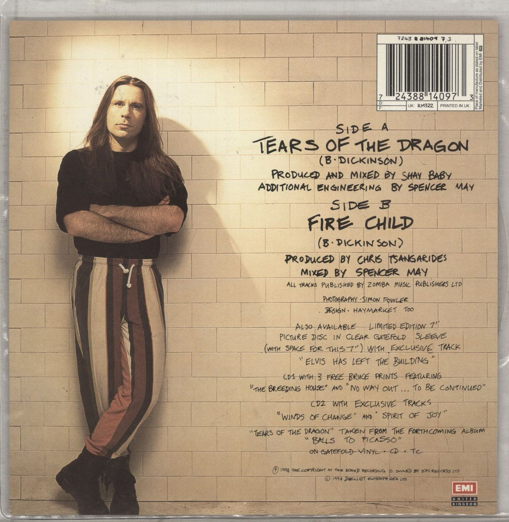 Bruce Dickinson Tears Of The Dragon - PVC sleeve with Sticker UK 7" vinyl single (7 inch record / 45) 724388140973