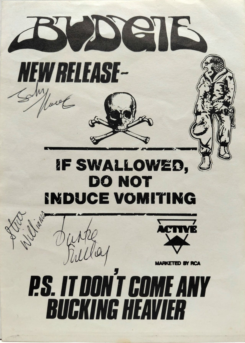Budgie If Swallowed Do Not Induce Vomiting + Autographed Flyer UK 12" vinyl single (12 inch record / Maxi-single) BUDGE1