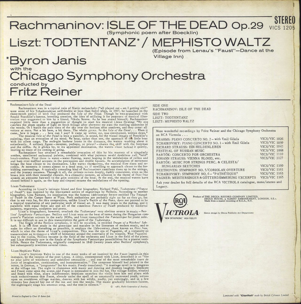 Byron Janis Rachmaninov: Isle Of The Dead / Liszt: Todtentanz / Mephisto Waltz UK vinyl LP album (LP record)