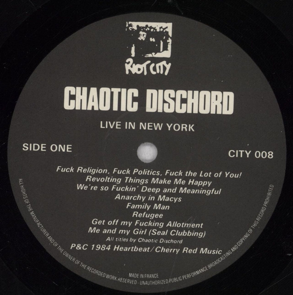 Chaotic Dischord Live In New York UK vinyl LP album (LP record) C7ILPLI848392