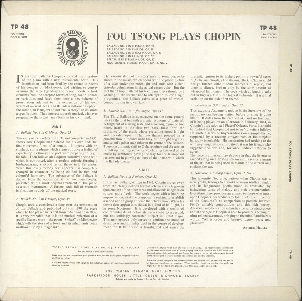 Chopin Fou Ts'Ong Plays Chopin UK vinyl LP album (LP record)