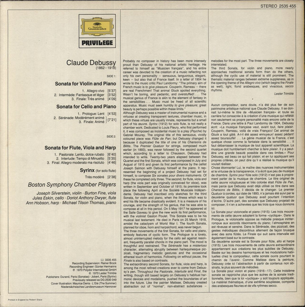 Claude Debussy Chamber Music UK vinyl LP album (LP record)