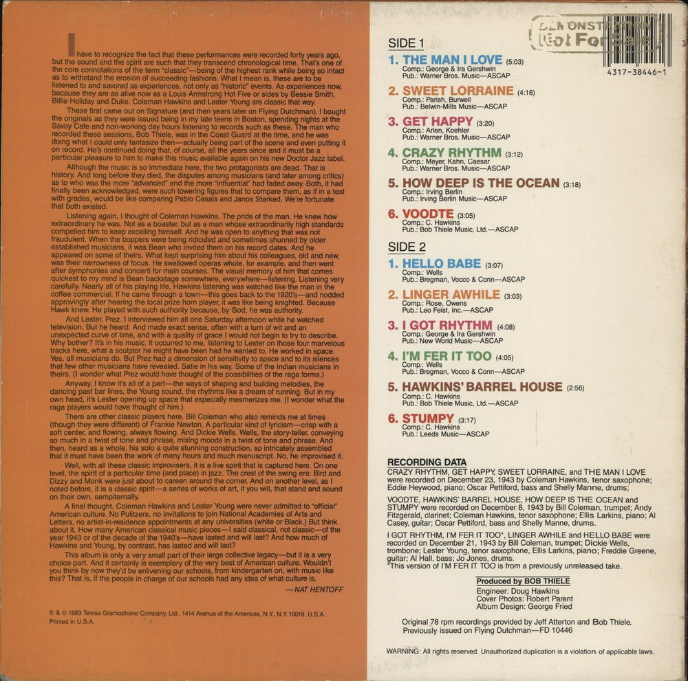 Coleman Hawkins Classic Tenors US vinyl LP album (LP record)