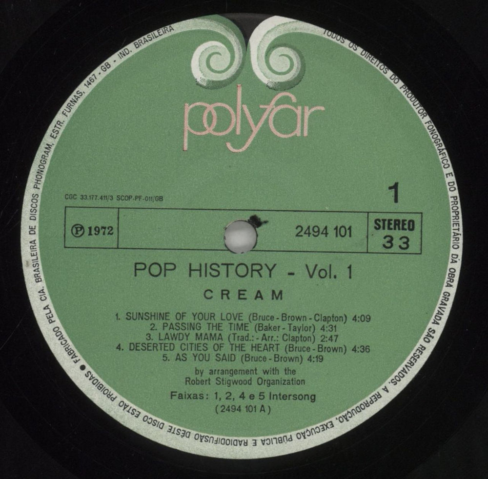 Cream Pop History Vol 1 Brazilian Promo vinyl LP album (LP record) CRMLPPO858031