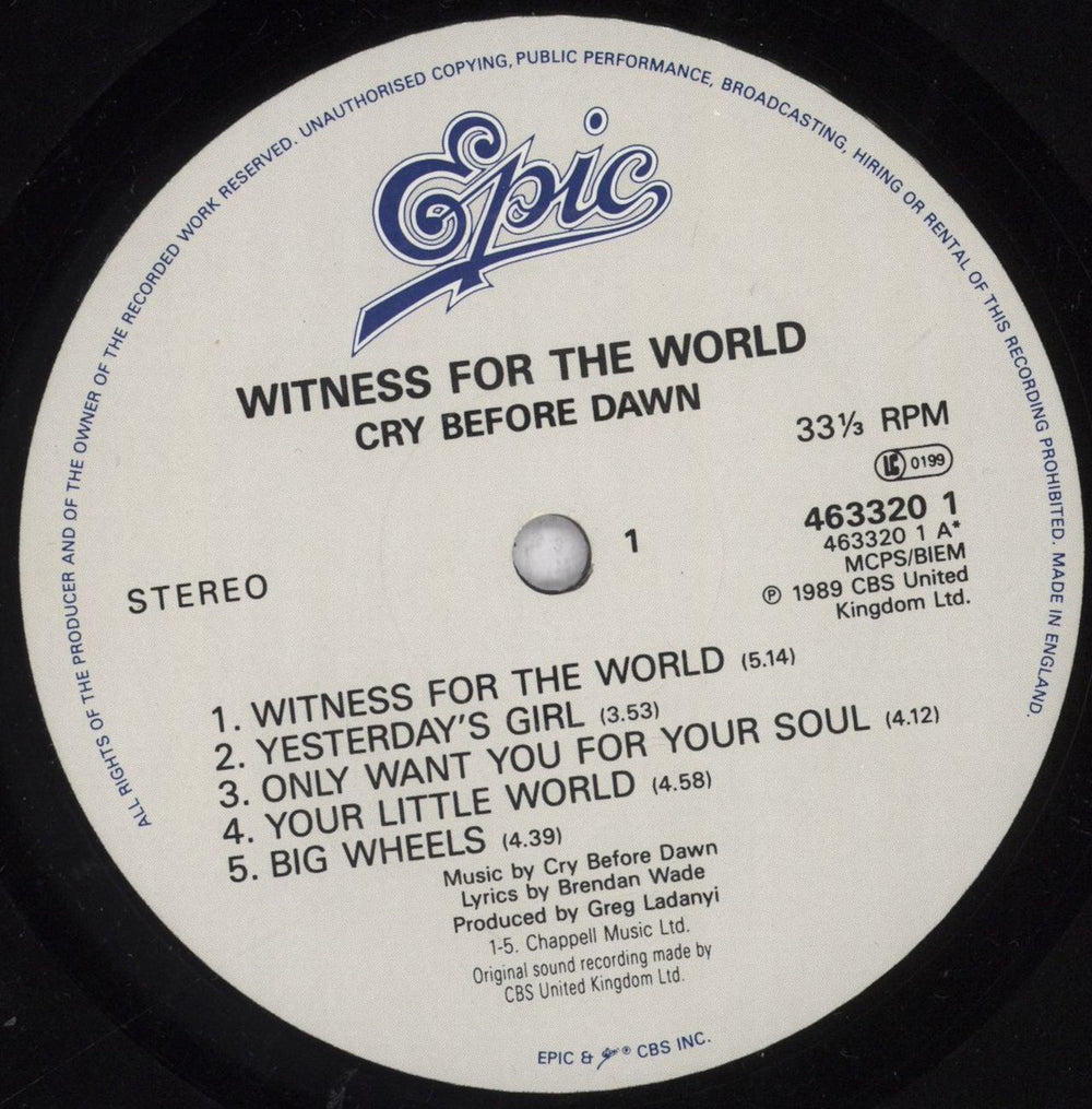 Cry Before Dawn Witness For The World UK vinyl LP album (LP record) CBDLPWI836792