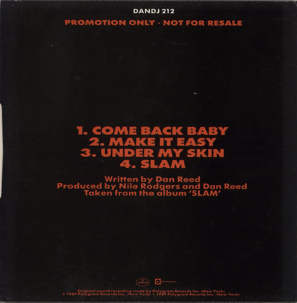 Dan Reed Network Come Back Baby UK Promo 12" vinyl single (12 inch record / Maxi-single) 042287671115