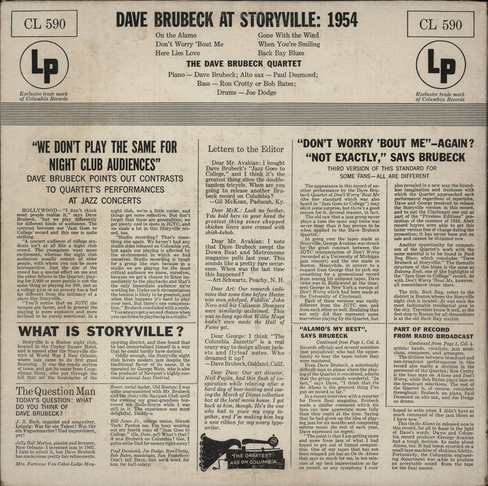 Dave Brubeck At Storyville: 1954 US vinyl LP album (LP record)