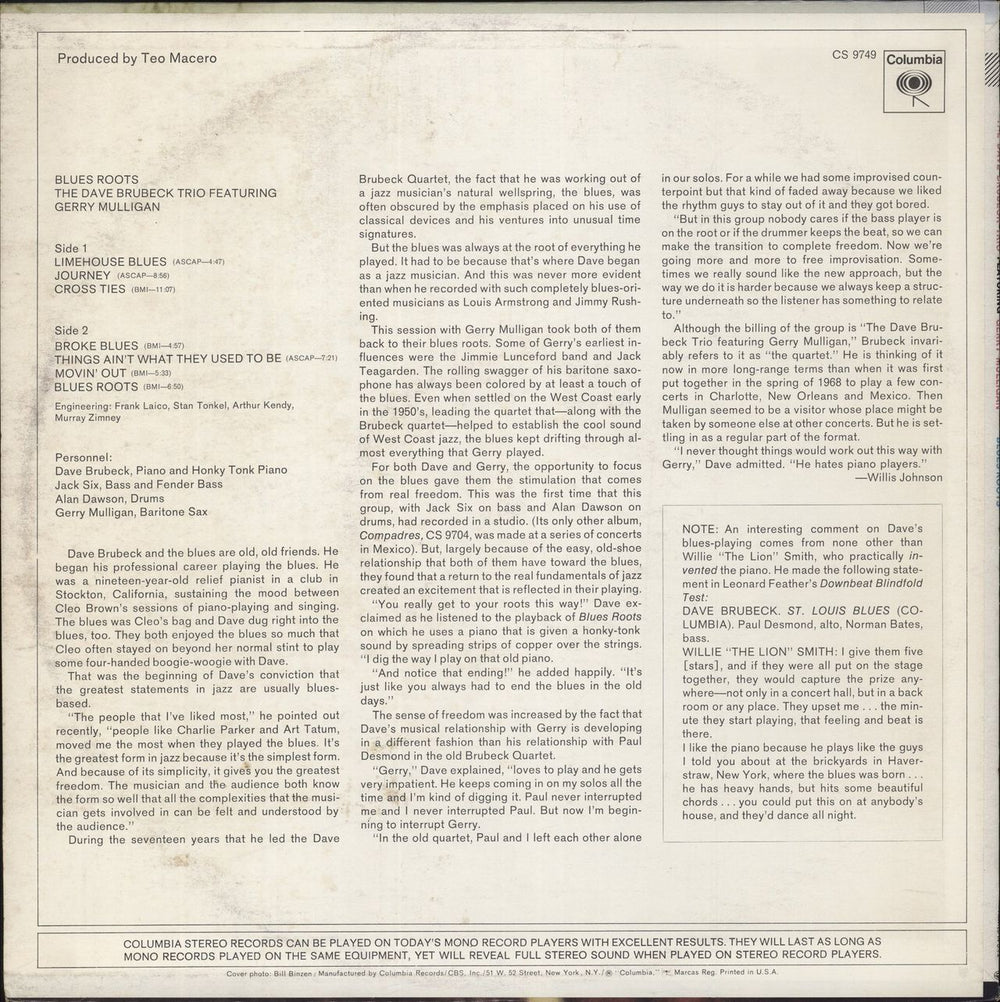 Dave Brubeck Blues Roots US vinyl LP album (LP record)