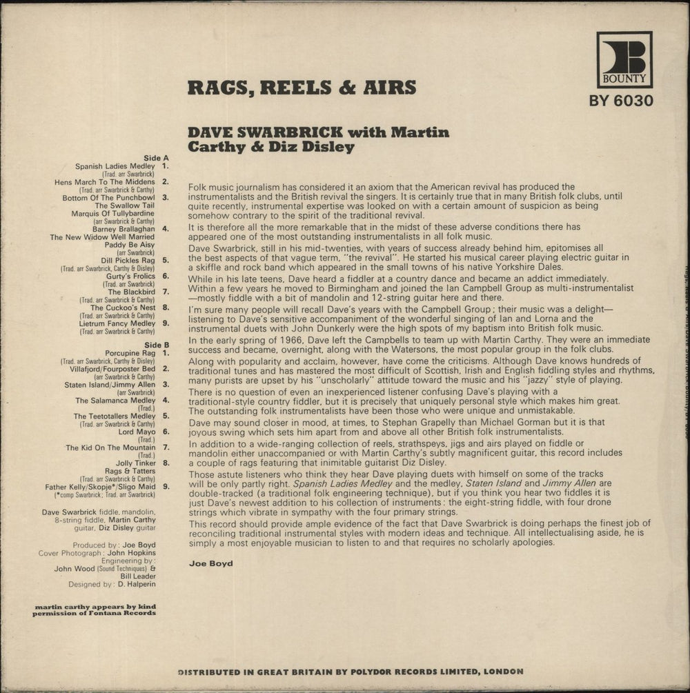 Dave Swarbrick Rags, Reels & Airs UK vinyl LP album (LP record)