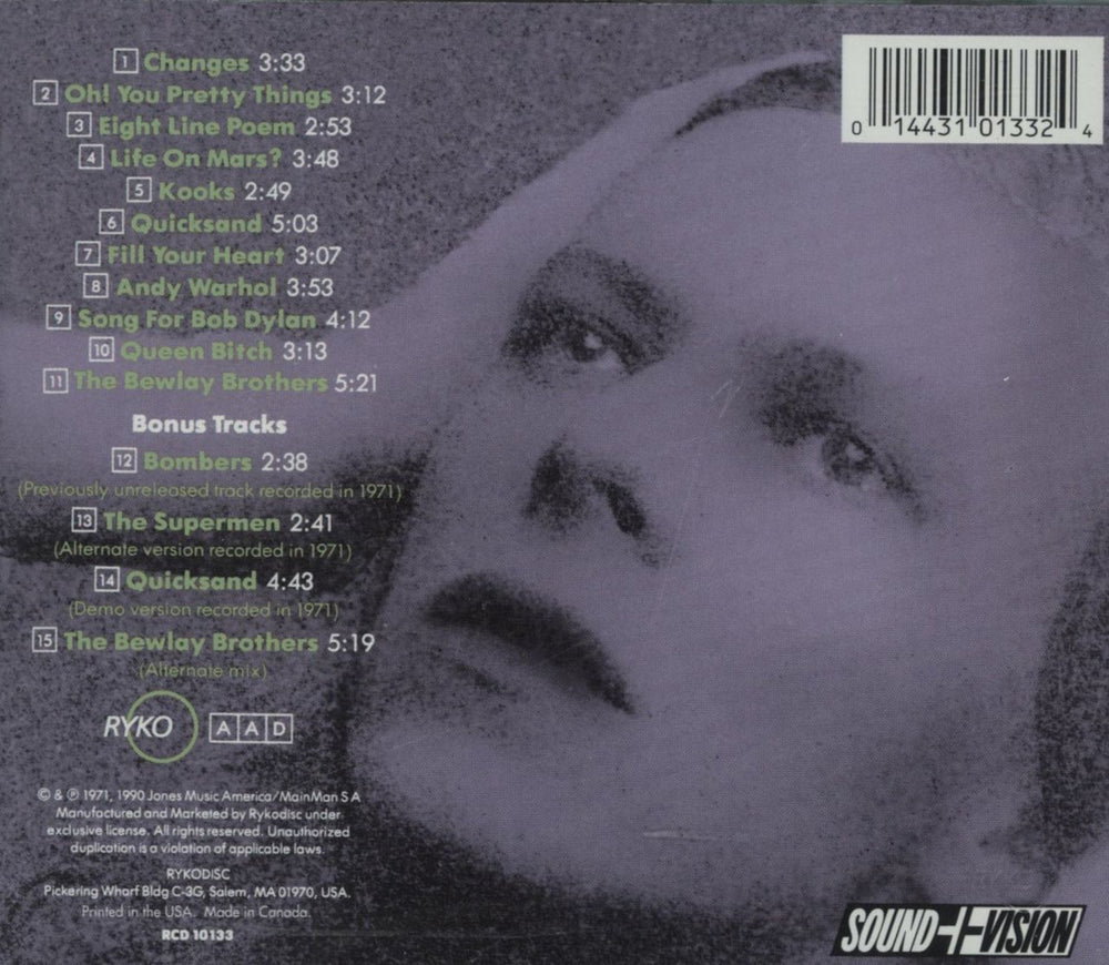 David Bowie Hunky Dory US CD album (CDLP) BOWCDHU88752