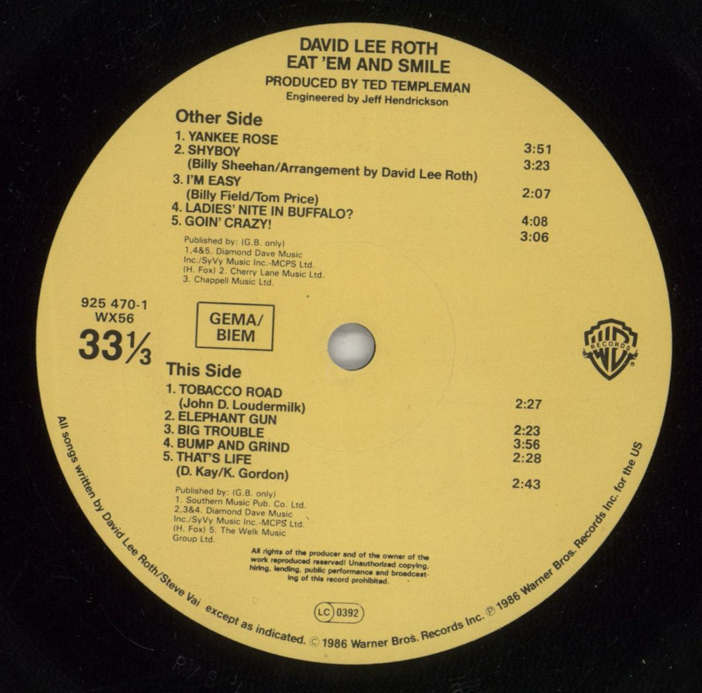 David Lee Roth Eat 'Em And Smile - EX German vinyl LP album (LP record) DLRLPEA870555