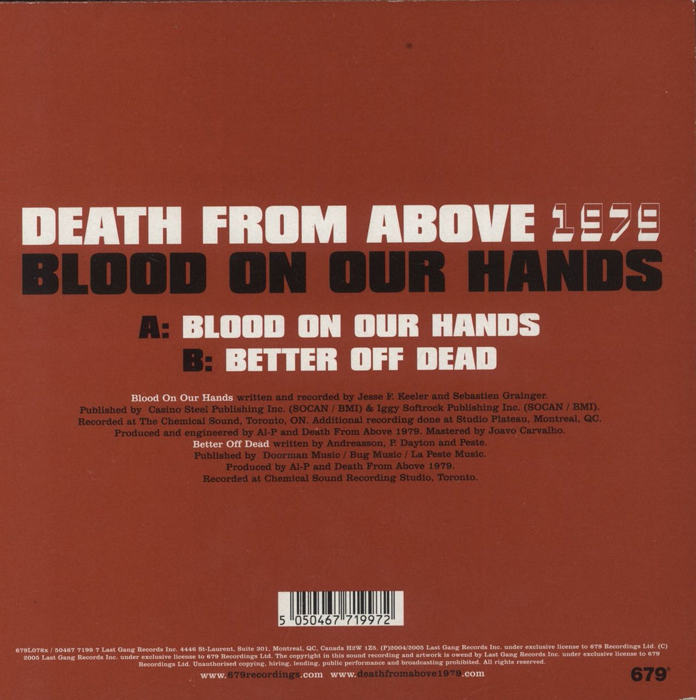 Death From Above 1979 Blood On Our Hands - Red Vinyl UK 7" vinyl single (7 inch record / 45) 5050467719972