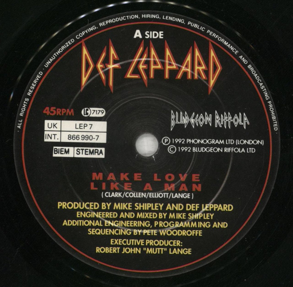 Def Leppard Make Love Like A Man UK 7" vinyl single (7 inch record / 45) DEF07MA30483