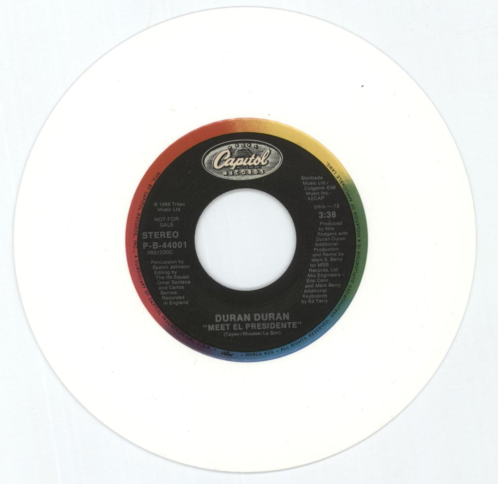 Duran Duran Meet El Presidente - White Vinyl US Promo 7" vinyl single (7 inch record / 45) PB44001