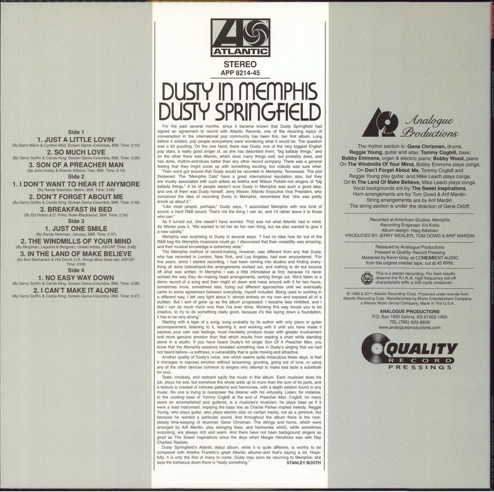 Dusty Springfield Dusty In Memphis - 200gm Vinyl - 45RPM US 2-LP vinyl record set (Double LP Album) 753088821479