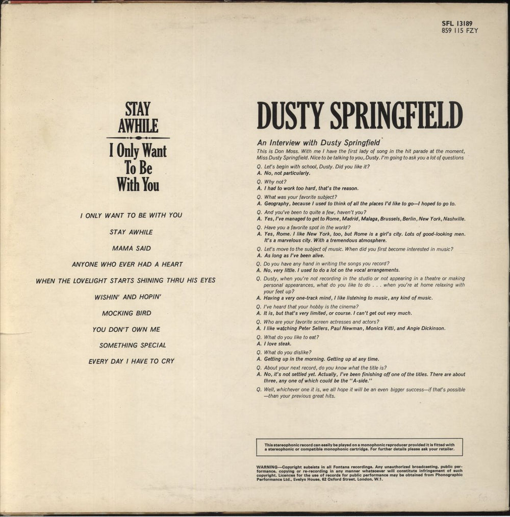 Dusty Springfield Stay Awhile UK vinyl LP album (LP record)