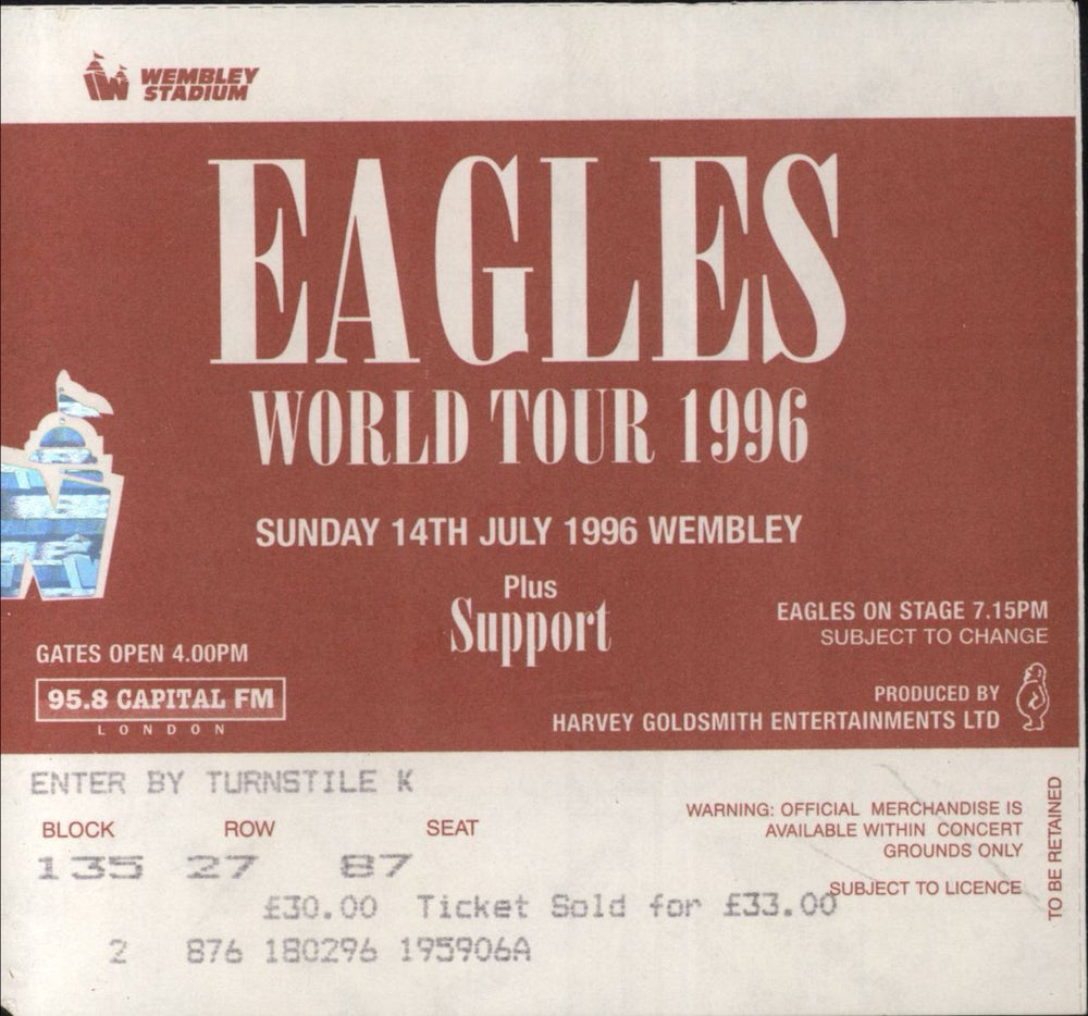 Eagles 1996 World Tour + Ticket Stub UK tour programme EAGTRWO485307