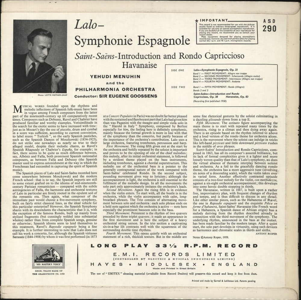 Edouard Lalo Lalo: Symphonie Espagnole / Introduction And Rondo Capriccioso / Havanaise UK vinyl LP album (LP record)