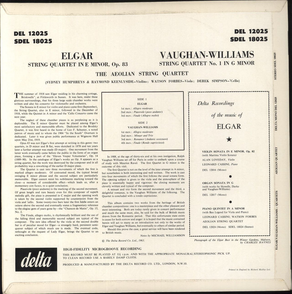 Edward Elgar Elgar: String Quartet In E Minor, Op. 83 / Vaughan-WilliamsString Quartet No. 1 In G Minor UK vinyl LP album (LP record)