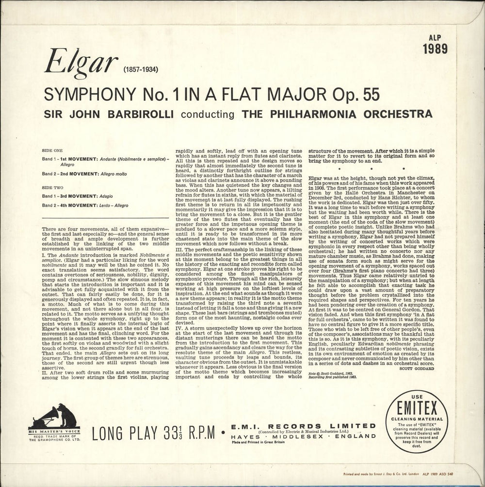 Edward Elgar Symphony No.1 In A Flat Major UK vinyl LP album (LP record)