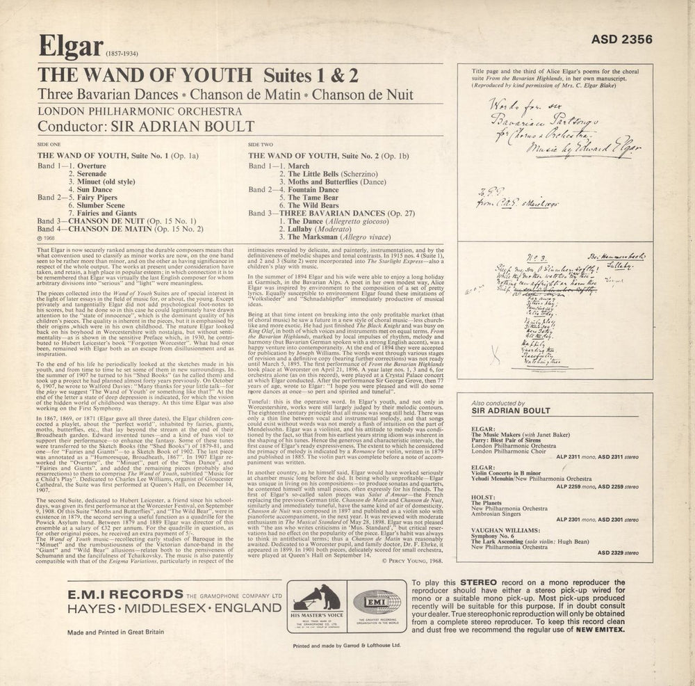 Edward Elgar The Wand of Youth Suites 1 & 2 / Chanson de Nuit / Chanson de Matin / Three Bavarian Dances UK vinyl LP album (LP record)