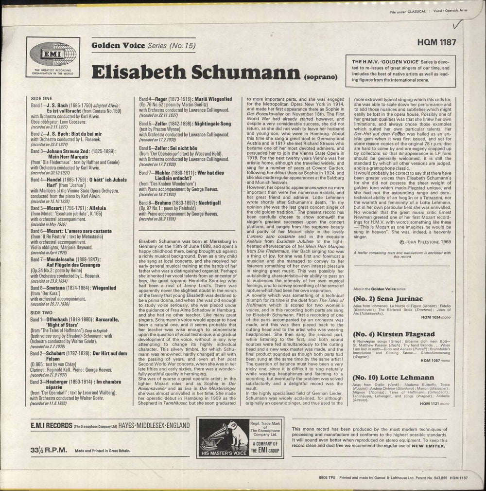 Elisabeth Schumann Songs & Arias By J. S. Bach, Handel, Mahler, Mozart And The Shepherd On The Rock (Schubert) UK vinyl LP album (LP record)