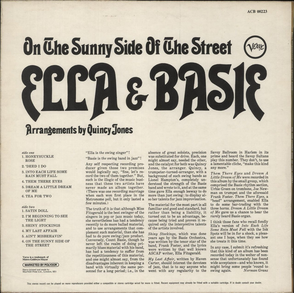 Ella Fitzgerald & Count Basie On The Sunny Side Of The Street UK vinyl LP album (LP record)