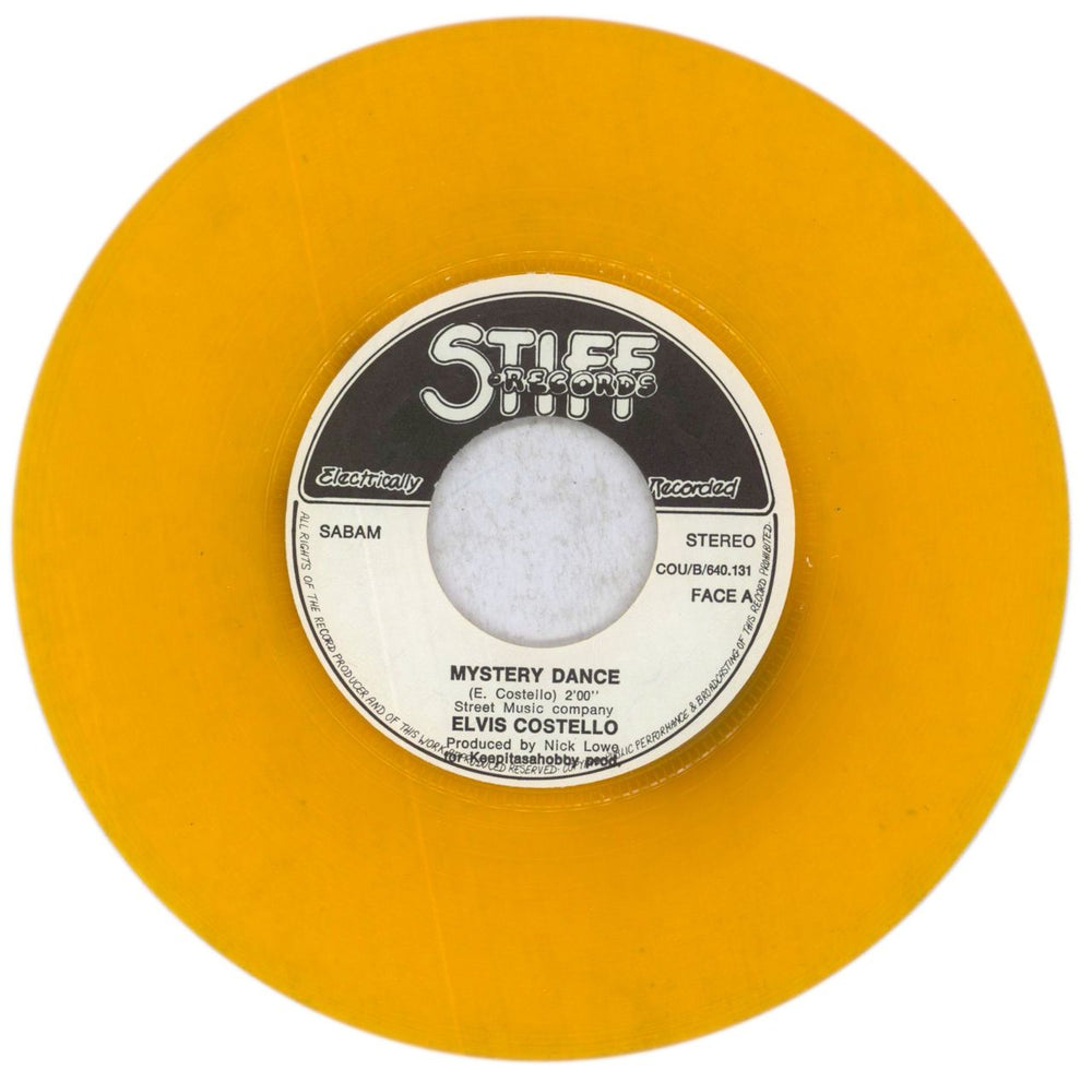 Elvis Costello Mystery Dance - Orange Vinyl Belgian 7" vinyl single (7 inch record / 45) COS07MY456489